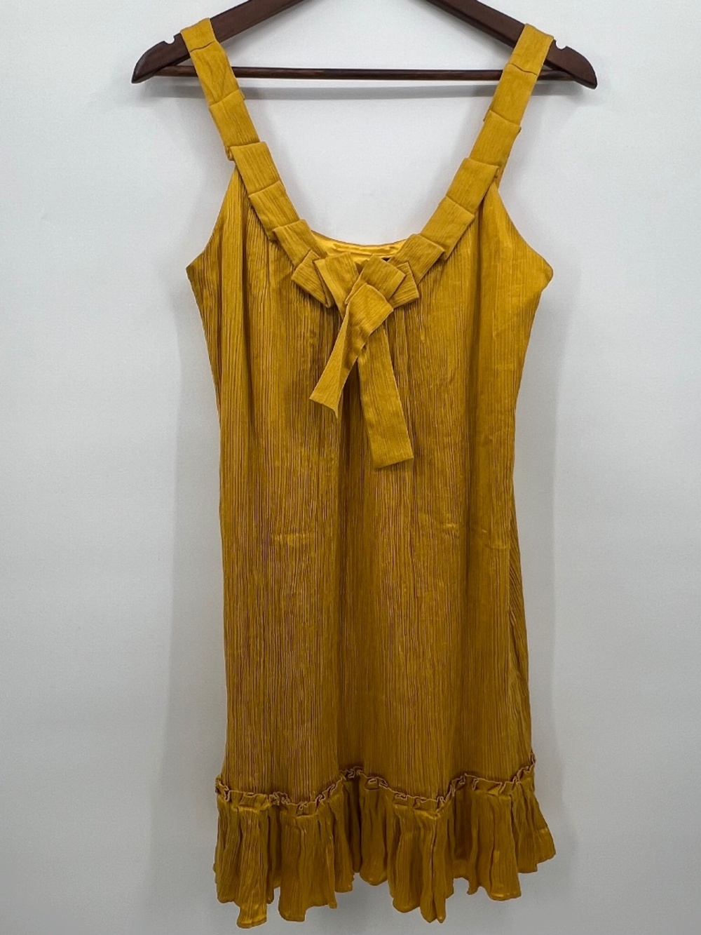 Jax Womens 8 100% Silk Dress Mustard Gold Ruffle Bow Pleated Y2K Mini Cocktail
